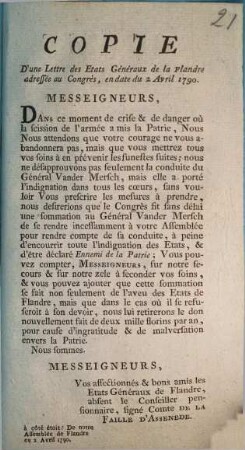 Copie D'une Lettre des Etats Généraux de la Flandre adressée au Congrès : en date du 2 Avril 1790