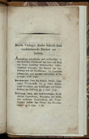 Beym Verleger dieser Schrift sind nachstehende Bücher zu haben.