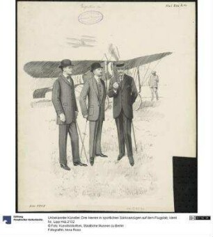 Drei Herren in sportlichen Sakkoanzügen auf dem Flugplatz