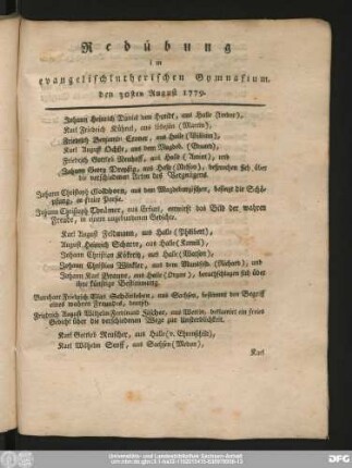 Redeübung im evangelischlutherischen Gymnasium, den 30sten August 1779.