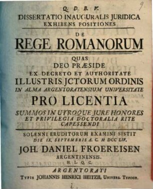 Diss. inaug. iur. exhibens positiones de Rege Romanorum