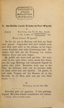 Private und amtliche Beziehungen der Brüder Grimm zu Hessen, 1. Briefe der Brüder Grimm an hessische Freunde