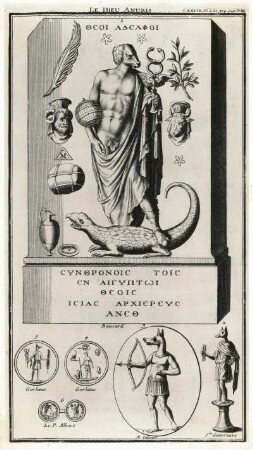 Steinsockel mit hundeköpfigem Gott, der auf Krokodil steht (le Dieu Anubis). (Die Griechen verglichen Anubis mit ihrem Hermes; in römischer Kaiserzeit wird Anubis hundsköpfig mit Attributen des Hermes dargestellt), Kupferstich, 32 x 18,5 cm