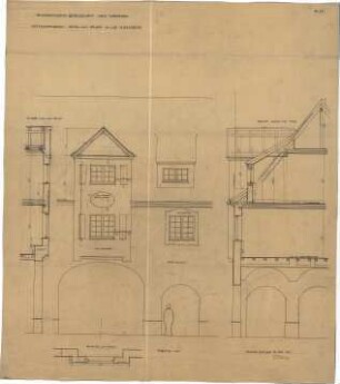 Fischer, Theodor; München - Laim, Gunzenlehstr.; Wohnsiedung Bauhandwerk-Gesellschaft Neu-Westend - Wirtschaftsblock - Erker Nordseite (Grundriss, Ansicht, Schnitt)