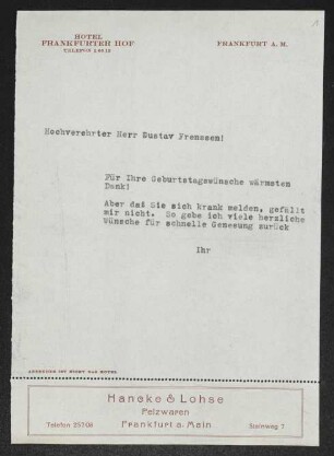 Brief von Gerhart Hauptmann an Gustav Frenssen