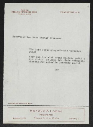 Brief von Gerhart Hauptmann an Gustav Frenssen