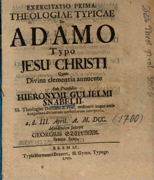 Exercitatio Prima Theologiae Typicae De Adamo Typo Jesu Christi