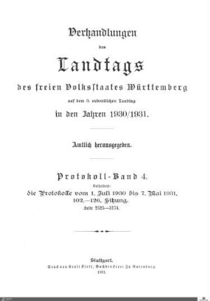2,135: Landtag Württemberg - Kammer 2, Protokolle 1930-1931, Bd. 4