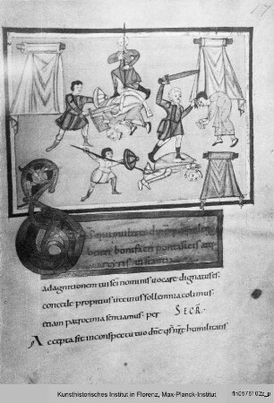 Sakramentar : Buchseite mit Text und Miniatur zum Martyrium des Heiligen Bonifatius