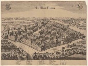 Stadtansicht von Leipzig mit Stadtbefestigung mit dem Bosischen Garten, der Pleißenburg links bis zum Grimmaischen Tor rechts