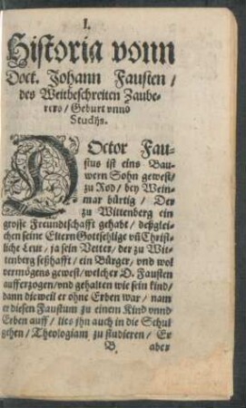 Historia vonn Doct. Johann Fausten/ des Weitbeschreiten Zauberers/ Geburt unnd Studiis.