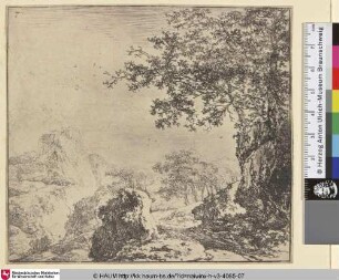[Berglandschaft mit Baum rechts und Weg im Vordergrund; Montainous Landscape With A Road; Berglandschap met een weg]