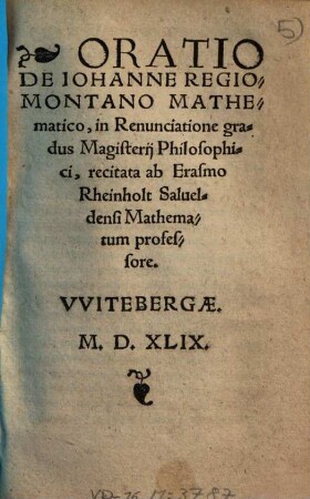 Oratio De Iohanne Regiomontano Mathematico