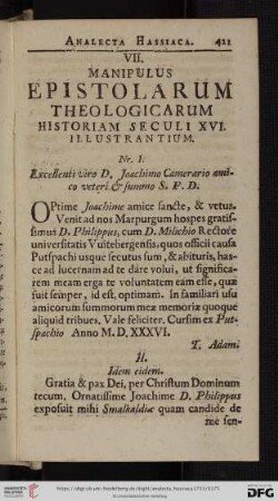 VII. Manipulus epistolarum theologicarum historiam seculi XVI. illustrantium