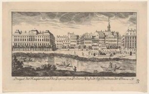 Dresden, Blick vom linken Elbufer auf die Neustadt mit dem Japanischen Palais (links) und der Neustädter Wache (Blockhaus, rechts), aus einer Reihe Dresdner und sächsischer Ansichten von Schlitterlau um 1770
