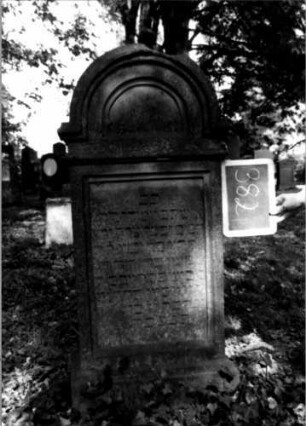 Grabstein 382 (Index: 100111857) Material: Sandstein Zustand: leicht verwittert Maße HxBxT: 128x55x30 cm Beschreibung: Stele, profilierter Sockel, eingezogener Rundbogenabschluß, rechteckiges Schriftfeld eingetieft: Grabstein 382
