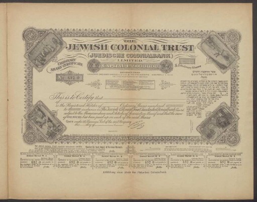 Abbildung einer Aktie der Jüdischen Colonialbank