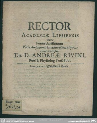 Rector academiae Lipsiensis indicit funus ... Andreae Rivini ... : [progr. in funere Andr. Rivini]