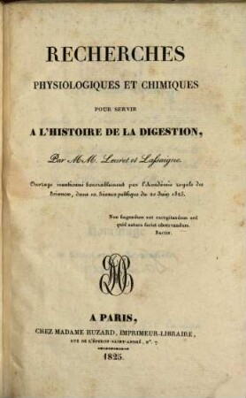 Recherches physiologiques et chimiques pour servir à l'histoire de la digestion