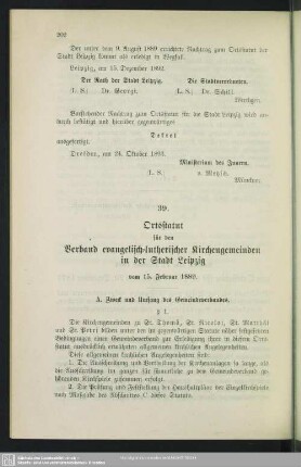 39. Ortsstatut für den Verband evangelisch-lutherischer Kirchengemeinden in der Stadt Leipzig vom 15. Februar 1889