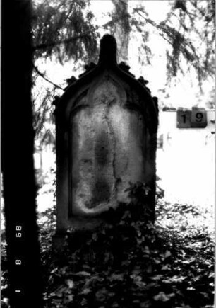 Grabstein 19 (Index: 100109232) Material: Sandstein Zustand: völlig verwittert, nur einzelne Buchstaben erkennbar Maße HxBxT: 149x57x15 cm Beschreibung: Stele, Sockel, Kielbogenabschluß mit Verdachung, Schriftfeld mit Maßwerk Symbolik: Ornamentik auf der Verdachung: Grabstein 19