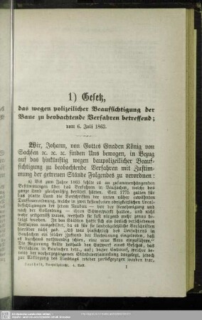 I. Gesetz, das wegen polizeilicher Beaufsichtigung der Baue zu beobachtende Verfahren betreffend : vom 6. Juli 1863