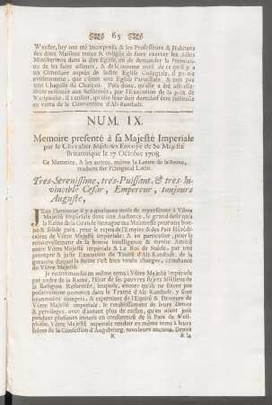 Num. IX. Memoire presenté à sa Majesté Imperiale par le Chevalier Médows Envoyé de sa Majesté Britannique le 27. Octobre 1708. ...
