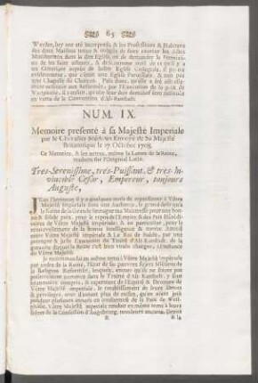 Num. IX. Memoire presenté à sa Majesté Imperiale par le Chevalier Médows Envoyé de sa Majesté Britannique le 27. Octobre 1708. ...