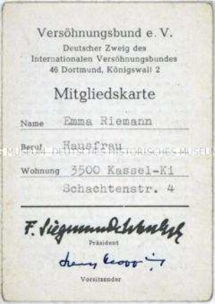 Mitgliedskarte des Versöhnungsbundes - Sachkonvolut