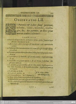 Observatio LII. Si Parentes & Liberi simul perierunt, in bello, ruina, incendio, naufragio, [et]c. An parentes, an liberi prius mortui censeri debeant?