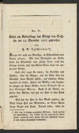 No. V. Gebet am Geburtstage des Königs von Sachsen am 23. December 1816 gesprochen von H. G. Tzschirner