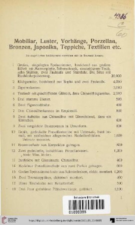 Mobiliar, Luster, Vorhänge, Porzellan, Bronzen, Japonika, Teppiche, Textilien etc. (Nr. 1-65)