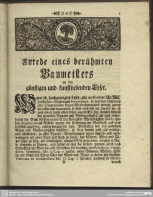 Anrede eines berühmten Baumeisters an den günstigen und kunstliebenden Leser
