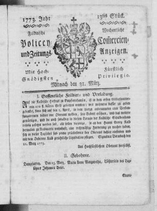 13 tes Stück, Ausgabe vom 31. März 1773