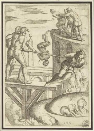 Vom Turm stoßen und im Kalkofen verbrennen (Illustration 149 der Serie der Martyrien der frühen Christen)