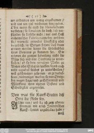V. Von was für Kauff-Leuten diß Orts die Rede sey.