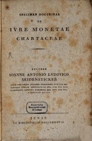 Specimen doctrinae de iure monetae chartaceae
