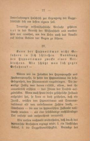 IV. Kann der Hypnotismus nicht Gefahren in sich schließen...