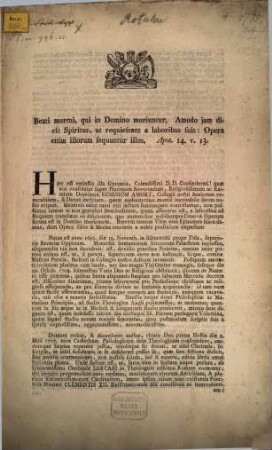 Haec est coelestis illa sententia, Colendissimi D. D. Confoederati ! quae nos consolatur super plurimum reverendum, ... Dominus Eusebium Amort, Collegii nostri seniorem venerabilem, ... quem nudiustertius mortis inevitabile fatum nobis eripuit ... : natus est anno 1692 die 15. Novemb. in Bibermühl prope Tölz, ... dabamus ex Collegio Domini Salvatoris nostri in Polling, die 7. Februarii 1775