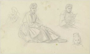 Studienblatt: Eine sitzende und eine lesende Frau, ein Kind sowie ein sitzender weiblicher Akt nach links
