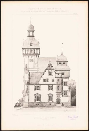 Herrschaftlicher Landsitz: Seitenansicht (aus: C. Schäfer, Die Bauhütte, Entwürfe im Stile des Mittelalters, 3. Bd., 1895, Blatt 56)