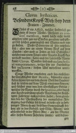 Clavus hystericus. Besonders Kopff-Weh, bey dem Frauen-Zimmer