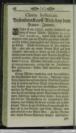 Clavus hystericus. Besonders Kopff-Weh, bey dem Frauen-Zimmer
