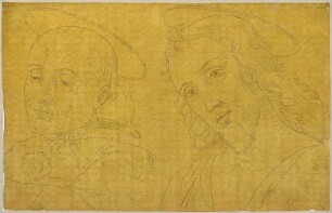 Die Köpfe der Heiligen Thomas von Aquin und Johannes der Täufer, letzterer ein Selbstporträt Giovanni Santis (?), Details aus dem unteren Register des Freskos von Giovanni Santi in der Cappella Tiranni in San Domenico in Cagli, die thronende Madonna ...