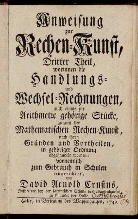 3: Anweisung zur Rechen-Kunst. Dritter Theil