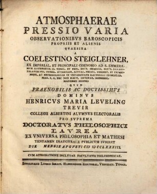 Atmosphaerae pressio varia observationibus baroscopicis propriis et alienis