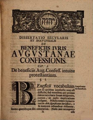 Dispvtatio Secvlaris Pariter Ac Inavgvralis Ivridica De Beneficiis Ivris Avgvstanae Confessionis