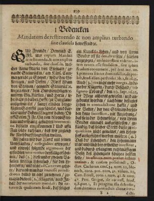 I Bedencken Mandatum de restituendo & non amplius turbando sine clausula betreffend [et]c.