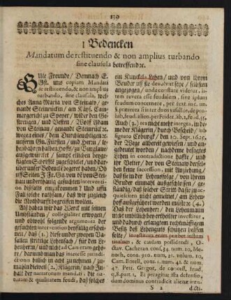 I Bedencken Mandatum de restituendo & non amplius turbando sine clausula betreffend [et]c.