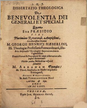 Diss. theol. de benevolentia Dei generali et speciali